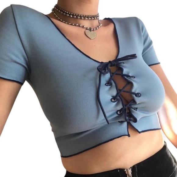 UNIF Tops - Unif Blue Lace Up Short Sleeve Crop Top Size MEDIUM